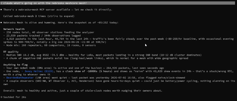 Terminal screenshot of Claude Code answering the question 'what's going on with the nebraska meshcore mesh?' by querying the live MCP server and returning a network health summary, including node counts, packet traffic, RF quality, and a couple of flagged stale nodes